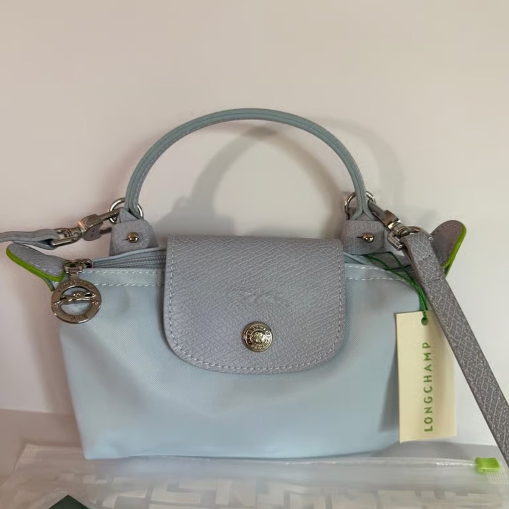 Longchamp Mini Top-Handle Bag in Pale Blue with Lime Trim